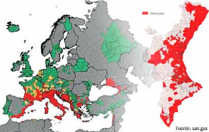 mapas expansión mosquito tigre en Europa y Com Valenciana